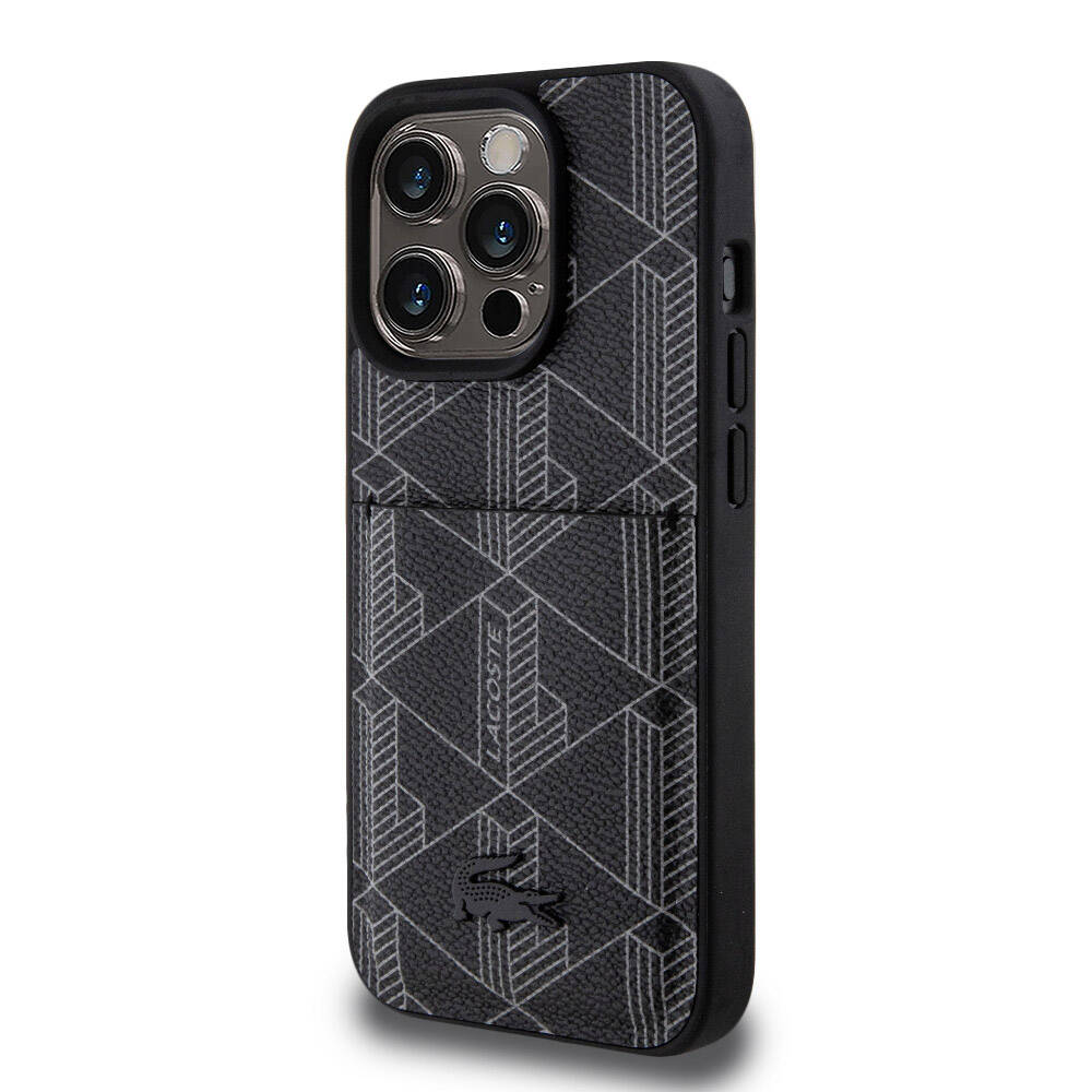 Apple iPhone 15 Pro Case Lacoste Original Licensed M-Safe Charging Function PU Leather Look Card Holder Mixed Monogram Pattern Cover Black