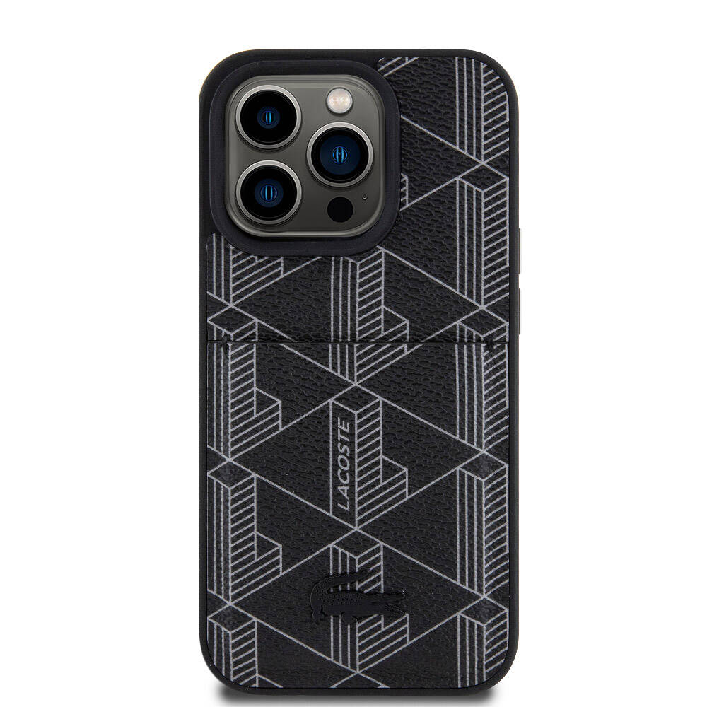 Apple iPhone 15 Pro Case Lacoste Original Licensed M-Safe Charging Function PU Leather Look Card Holder Mixed Monogram Pattern Cover Black