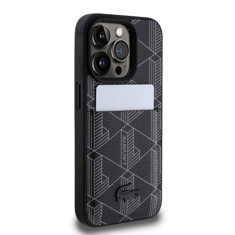 Apple iPhone 15 Pro Case Lacoste Original Licensed M-Safe Charging Function PU Leather Look Card Holder Mixed Monogram Pattern Cover Black