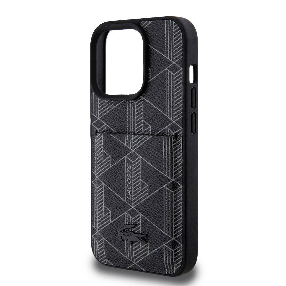 Apple iPhone 15 Pro Case Lacoste Original Licensed M-Safe Charging Function PU Leather Look Card Holder Mixed Monogram Pattern Cover Black