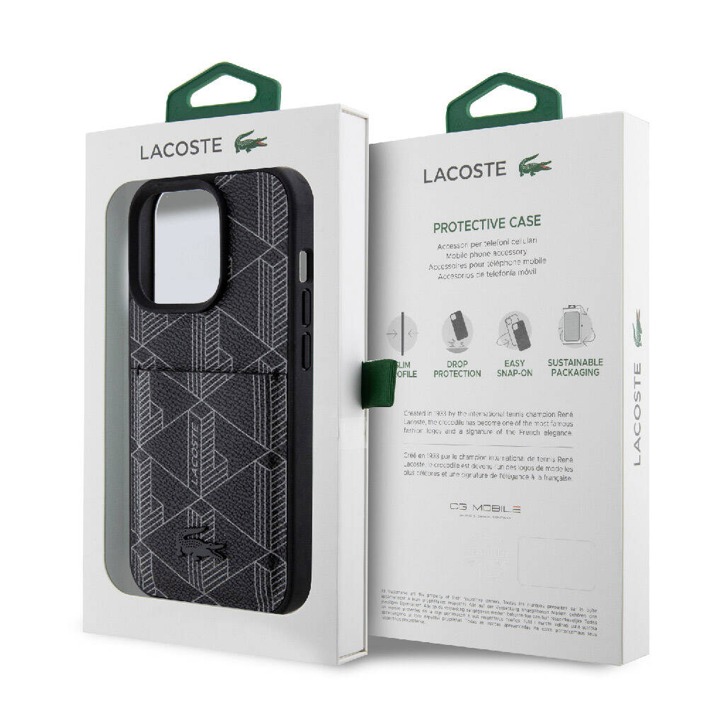 Apple iPhone 15 Pro Case Lacoste Original Licensed M-Safe Charging Function PU Leather Look Card Holder Mixed Monogram Pattern Cover Black