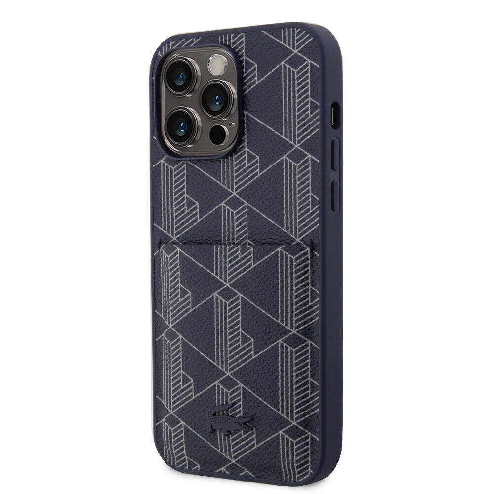 Apple iPhone 15 Pro Case Lacoste Original Licensed M-Safe Charging Function PU Leather Look Card Holder Mixed Monogram Pattern Cover Black