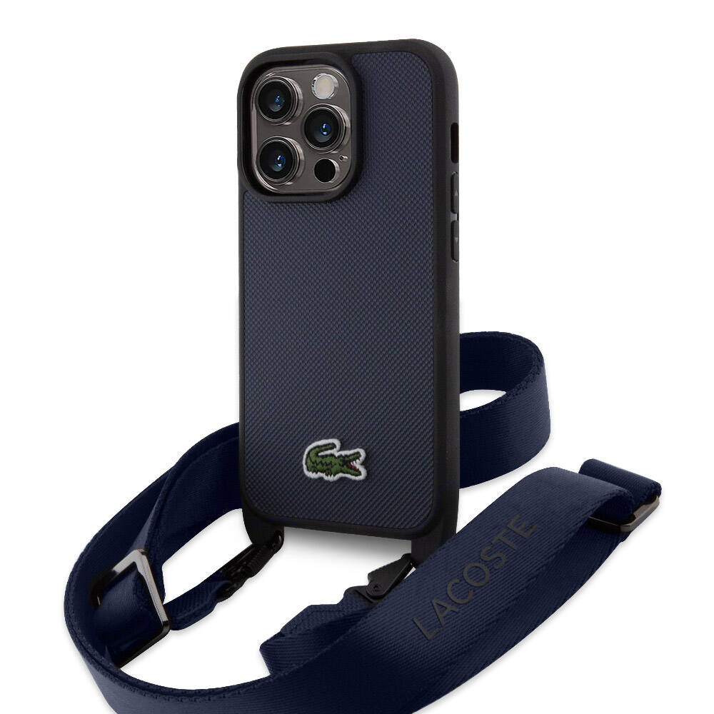 Apple iPhone 15 Pro Case Lacoste Original Licensed PU Pique Patterned Back Surface Strap Iconic Crocodile Woven Logo Cover Navy Blue