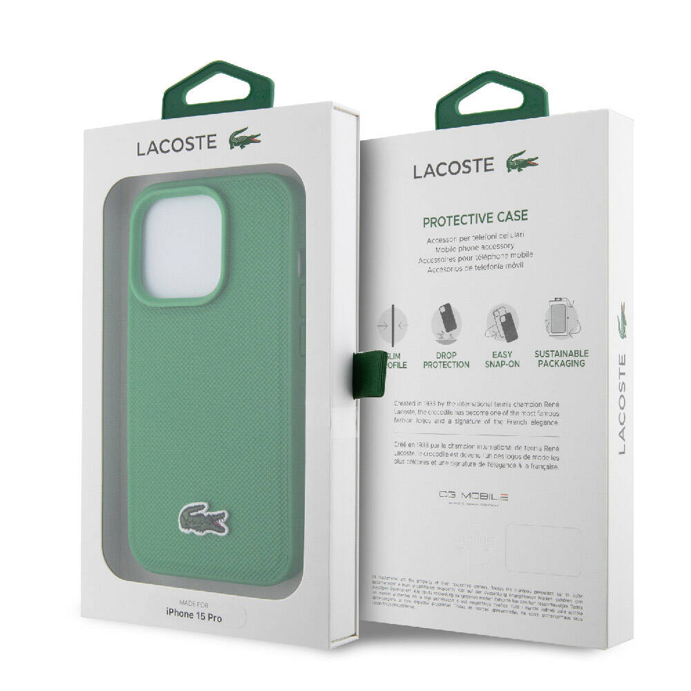 Apple iPhone 15 Pro Kılıf Lacoste Orjinal Lisanslı PU Pike Desenli Arka Yüzey İkonik Timsah Dokuma Logolu Kapak Siyah