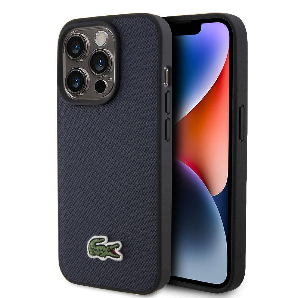 Apple iPhone 15 Pro Case Lacoste Original Licensed PU Pique Patterned Back Surface Iconic Crocodile Woven Logo Cover Navy Blue