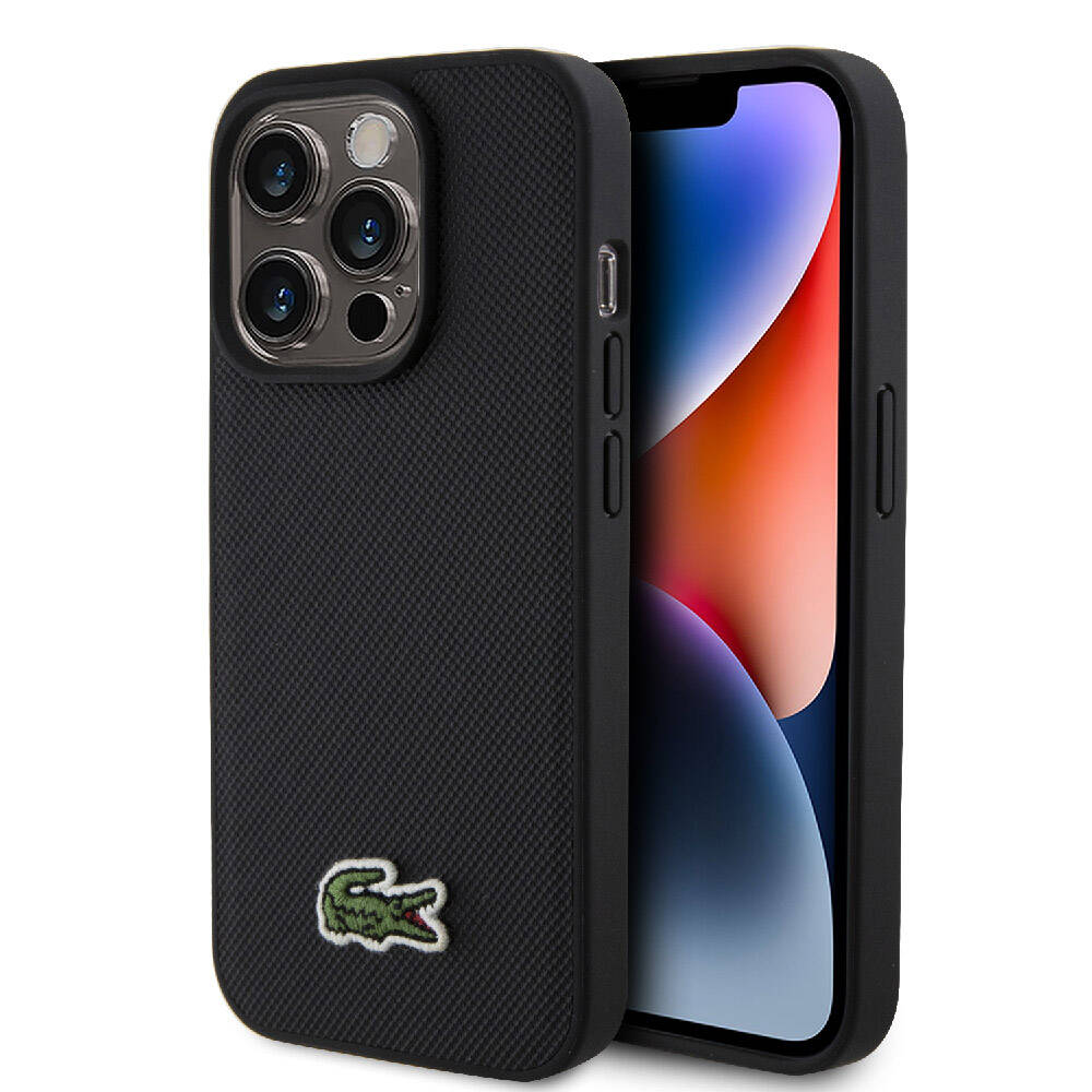 Apple iPhone 15 Pro Case Lacoste Original Licensed PU Pique Patterned Back Surface Iconic Crocodile Woven Logo Cover Black
