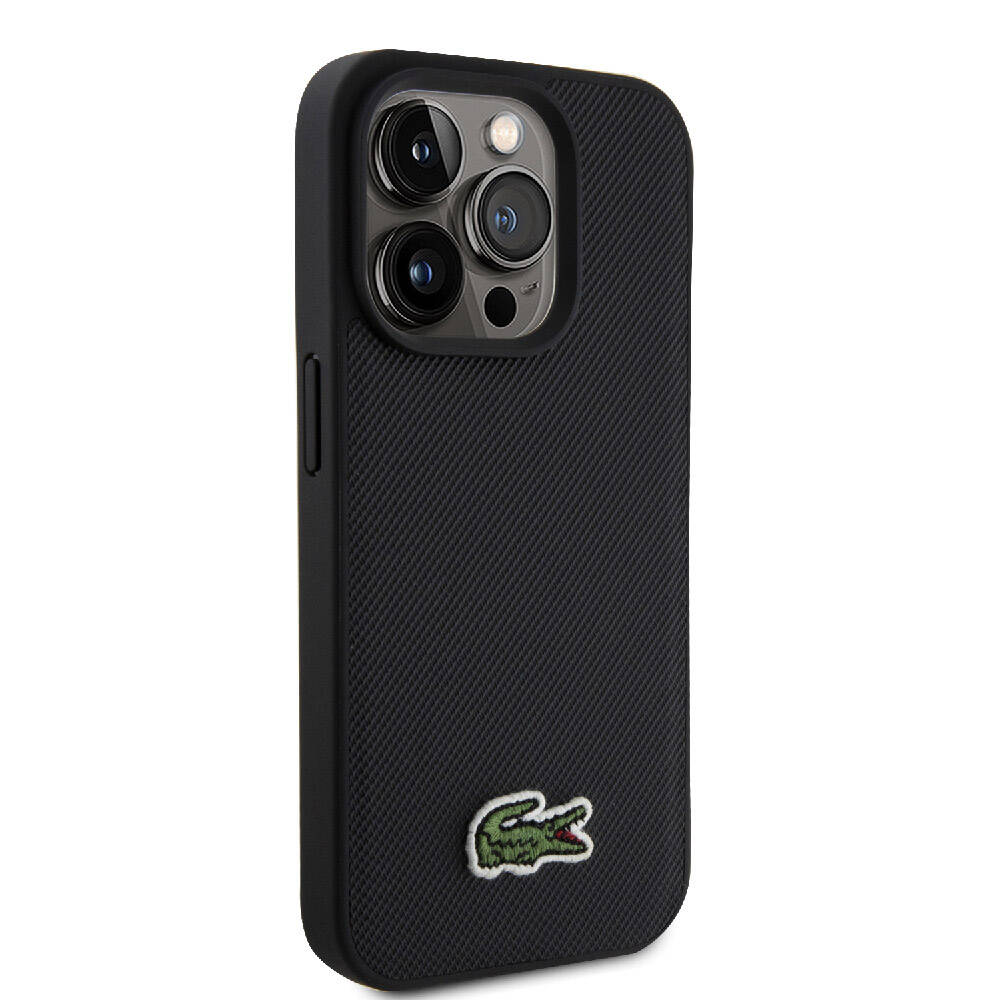 Apple iPhone 15 Pro Kılıf Lacoste Orjinal Lisanslı PU Pike Desenli Arka Yüzey İkonik Timsah Dokuma Logolu Kapak Siyah
