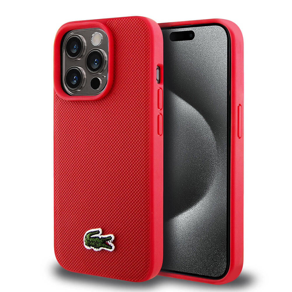 Apple iPhone 15 Pro Case Lacoste Original Licensed PU Pique Patterned Back Surface Iconic Crocodile Woven Logo Cover Red