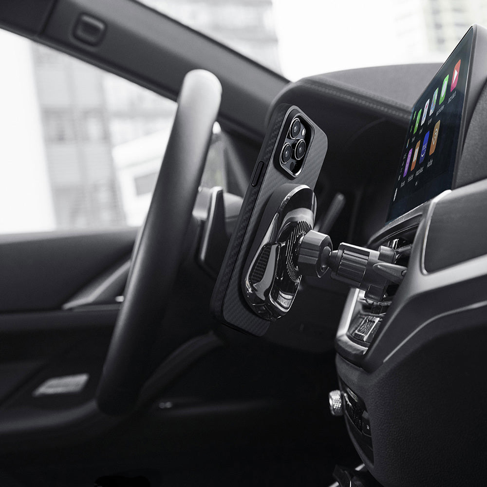 Apple iPhone 15 Pro Kılıf M-safe Şarj Özellikli 1500D Aramid Fiber Pitaka Military-Grade Classic Serisi Black-Grey Twill Kapak Siyah-Gri