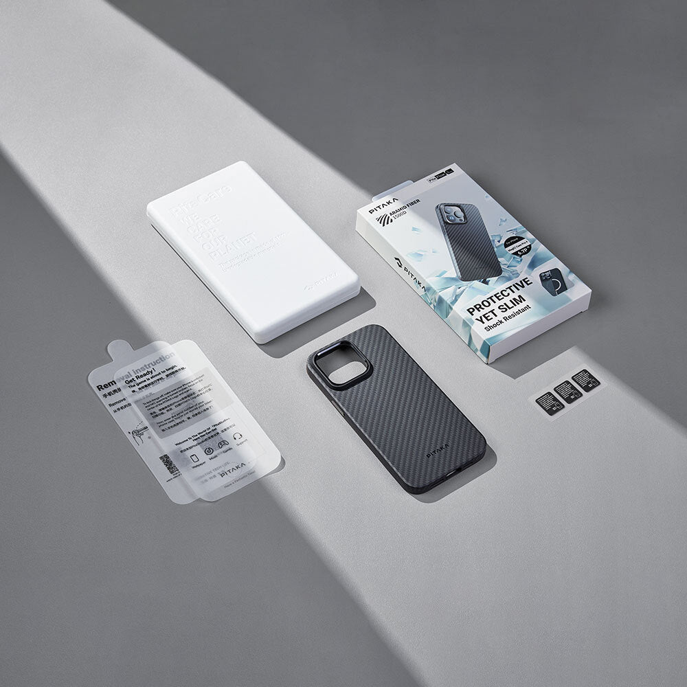 Apple iPhone 15 Pro Kılıf M-safe Şarj Özellikli 1500D Aramid Fiber Pitaka Military-Grade Classic Serisi Black-Grey Twill Kapak Siyah-Gri