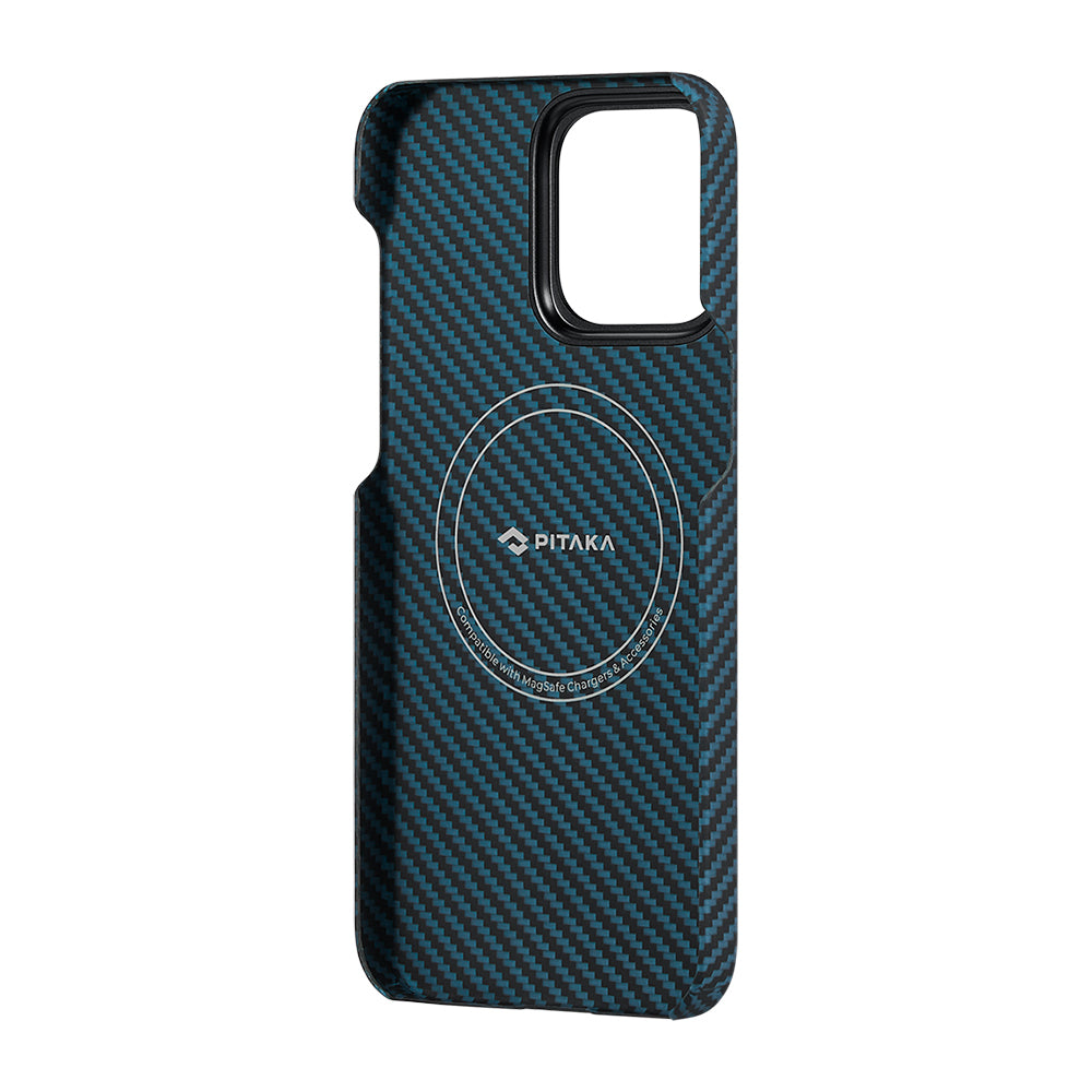 Apple iPhone 15 Pro Kılıf M-safe Şarj Özellikli 1500D Aramid Fiber Pitaka Ultra-Slim Classic Serisi Black-Blue Twill Kapak Siyah-Mavi
