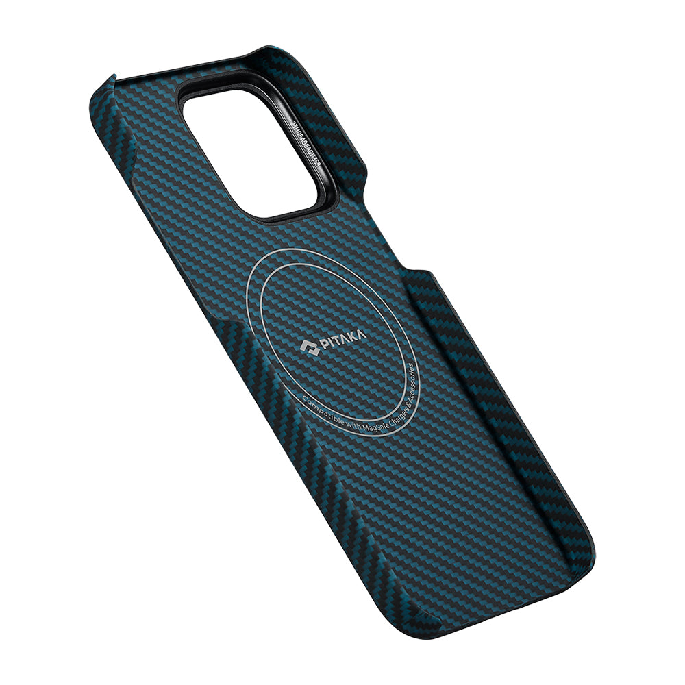 Apple iPhone 15 Pro Kılıf M-safe Şarj Özellikli 1500D Aramid Fiber Pitaka Ultra-Slim Classic Serisi Black-Blue Twill Kapak Siyah-Mavi