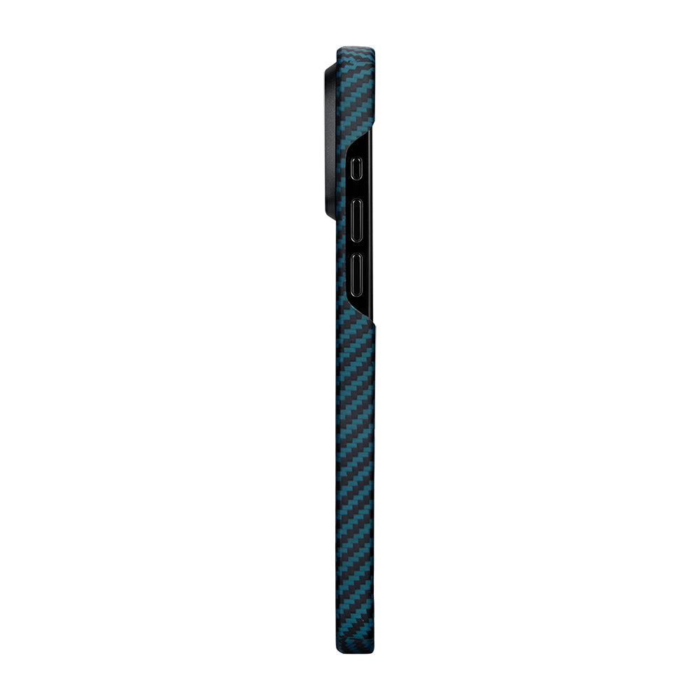 Apple iPhone 15 Pro Kılıf M-safe Şarj Özellikli 1500D Aramid Fiber Pitaka Ultra-Slim Classic Serisi Black-Blue Twill Kapak Siyah-Mavi