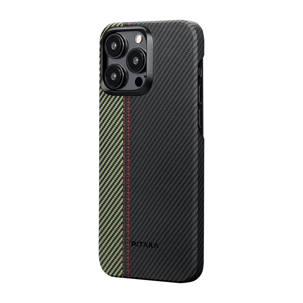 Apple iPhone 15 Pro Kılıf M-safe Şarj Özellikli 600D Aramid Fiber Pitaka Tactile Woven Orchestra Serisi Overture Kapak Siyah-Yeşil
