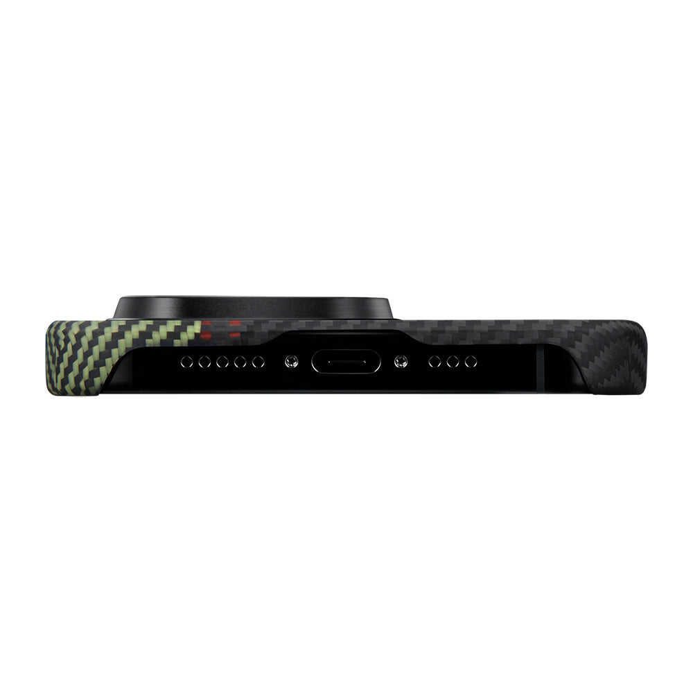 Apple iPhone 15 Pro Kılıf M-safe Şarj Özellikli 600D Aramid Fiber Pitaka Tactile Woven Orchestra Serisi Overture Kapak Siyah-Yeşil