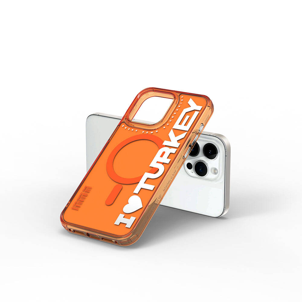 Apple iPhone 15 Pro Case M-safe Charging Feature I Love Turkey Text Pattern Wiwu Turkey E Series Cover Orange