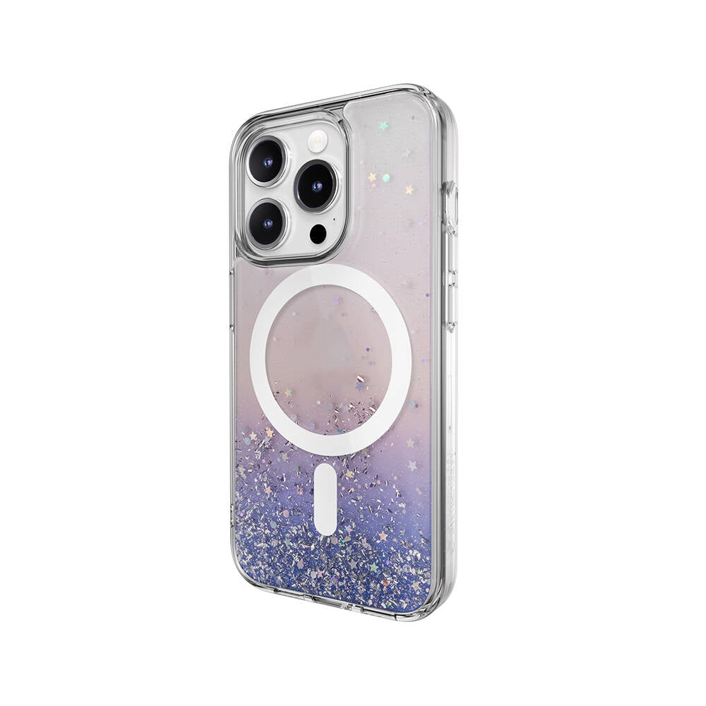 Apple iPhone 15 Pro Kılıf M-safe Şarj Özellikli Parlayan Simli Şeffaf Lisanslı Switcheasy Starfield-M Kapak Mor