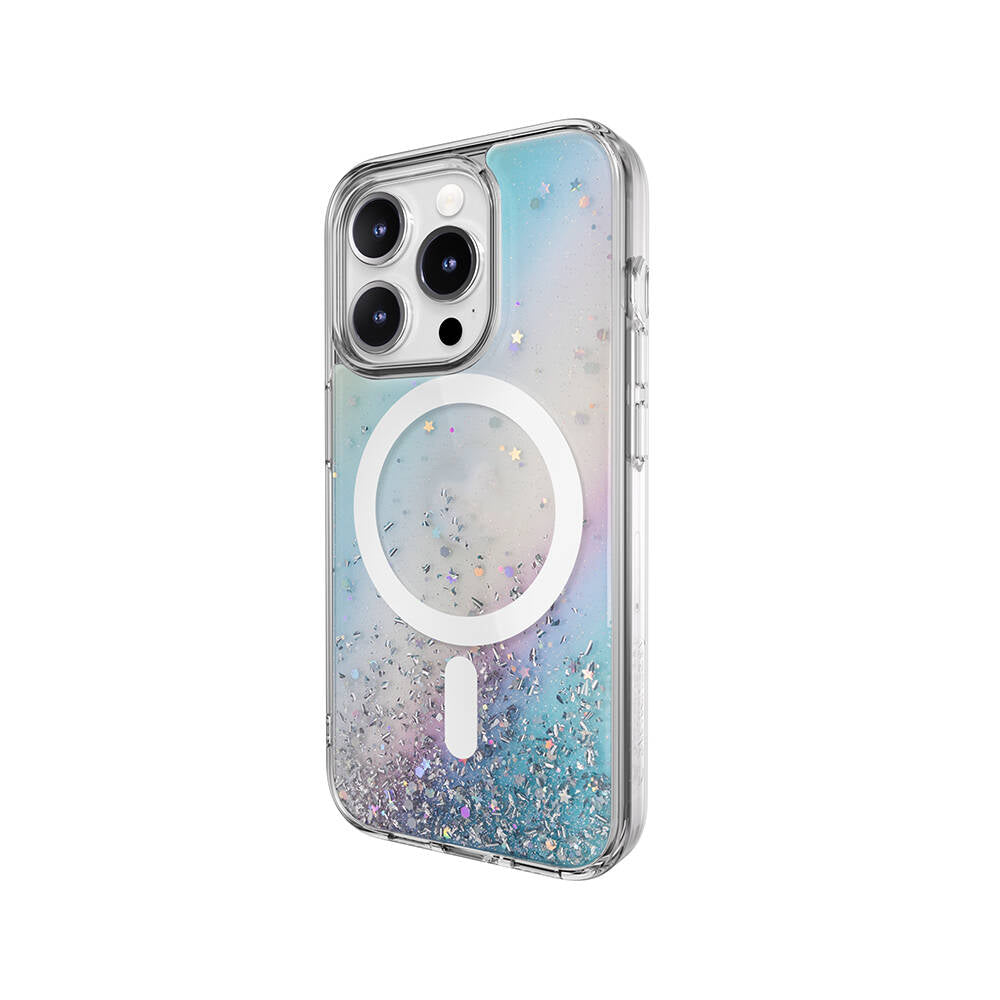 Apple iPhone 15 Pro Kılıf M-safe Şarj Özellikli Parlayan Simli Şeffaf Lisanslı Switcheasy Starfield-M Kapak Colorful