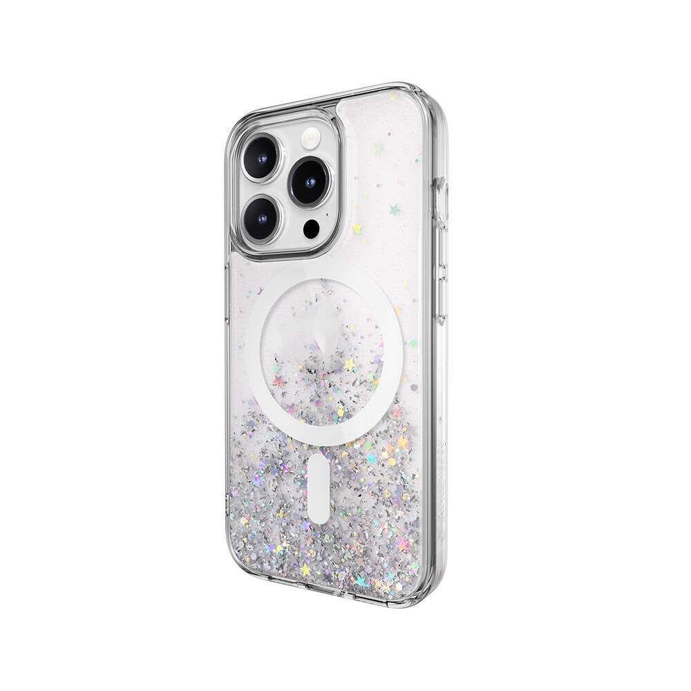 Apple iPhone 15 Pro Kılıf M-safe Şarj Özellikli Parlayan Simli Şeffaf Lisanslı Switcheasy Starfield-M Kapak Mavi