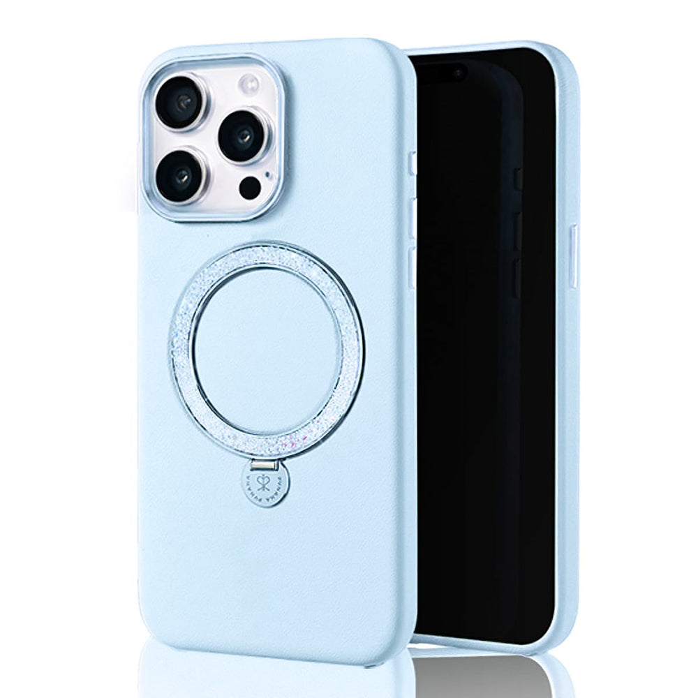 Apple iPhone 15 Pro Kılıf M-safe Şarj Özellikli Standlı Suni Deri Tasarımlı Pynana Dancing Circle Serisi Kapak Mavi