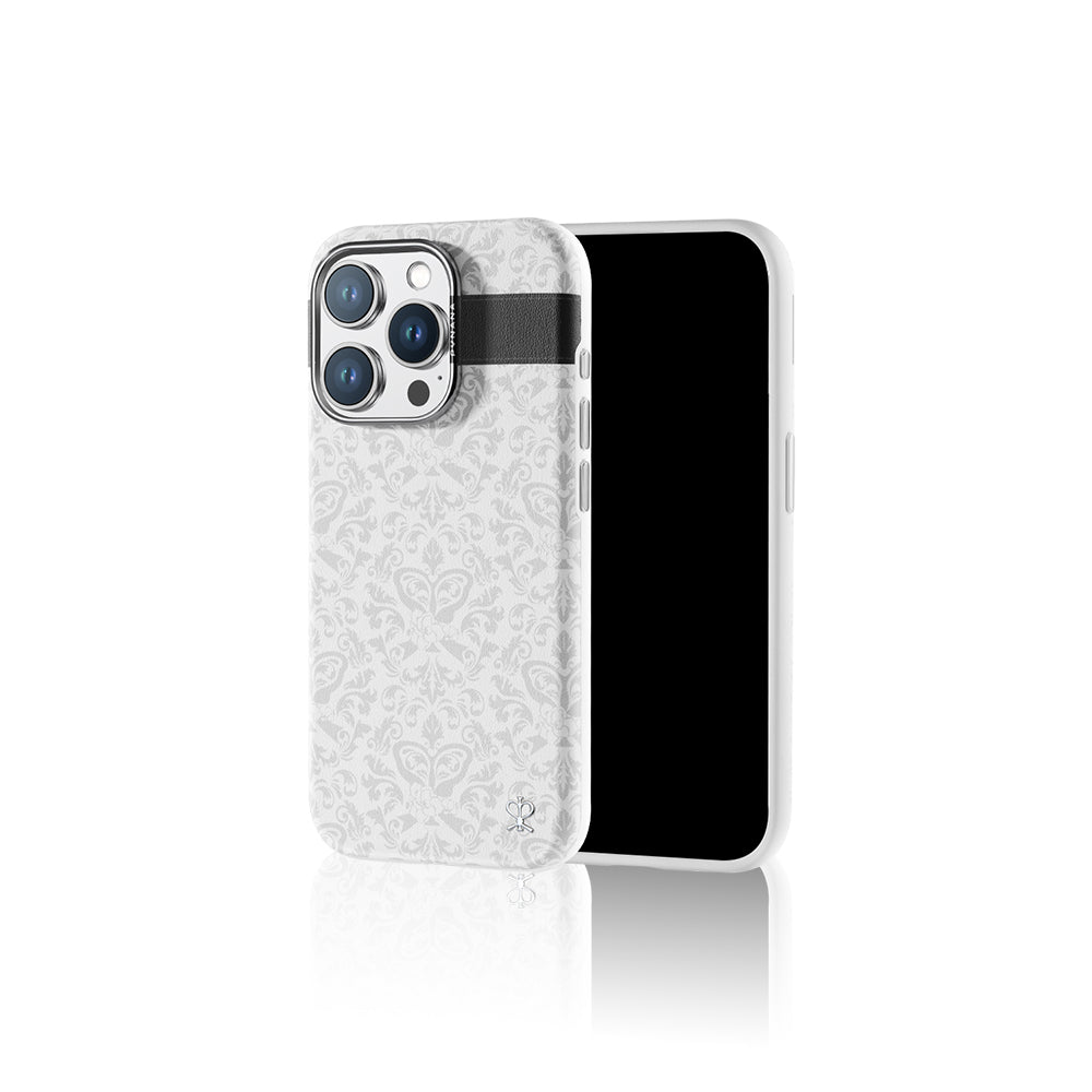 Apple iPhone 15 Pro Case M-safe Charging Feature Faux Leather Design Patterned Pynana Print Series Cover White