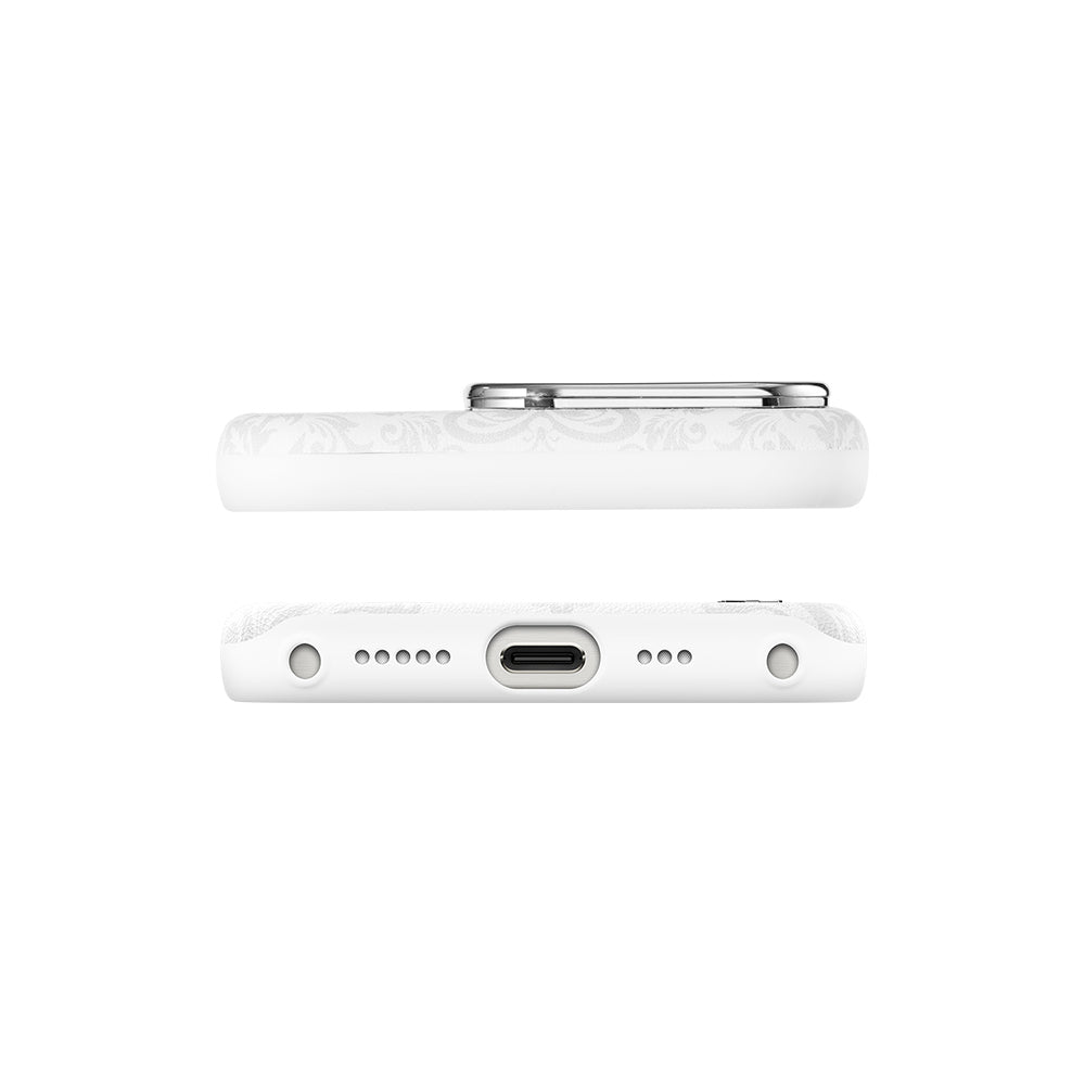 Apple iPhone 15 Pro Case M-safe Charging Feature Faux Leather Design Patterned Pynana Print Series Cover White
