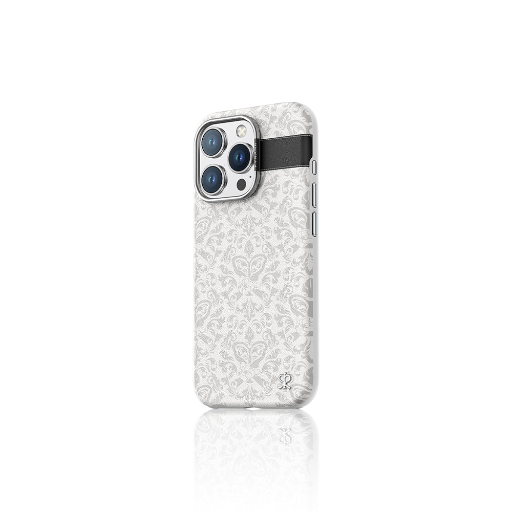 Apple iPhone 15 Pro Case M-safe Charging Feature Faux Leather Design Patterned Pynana Print Series Cover White