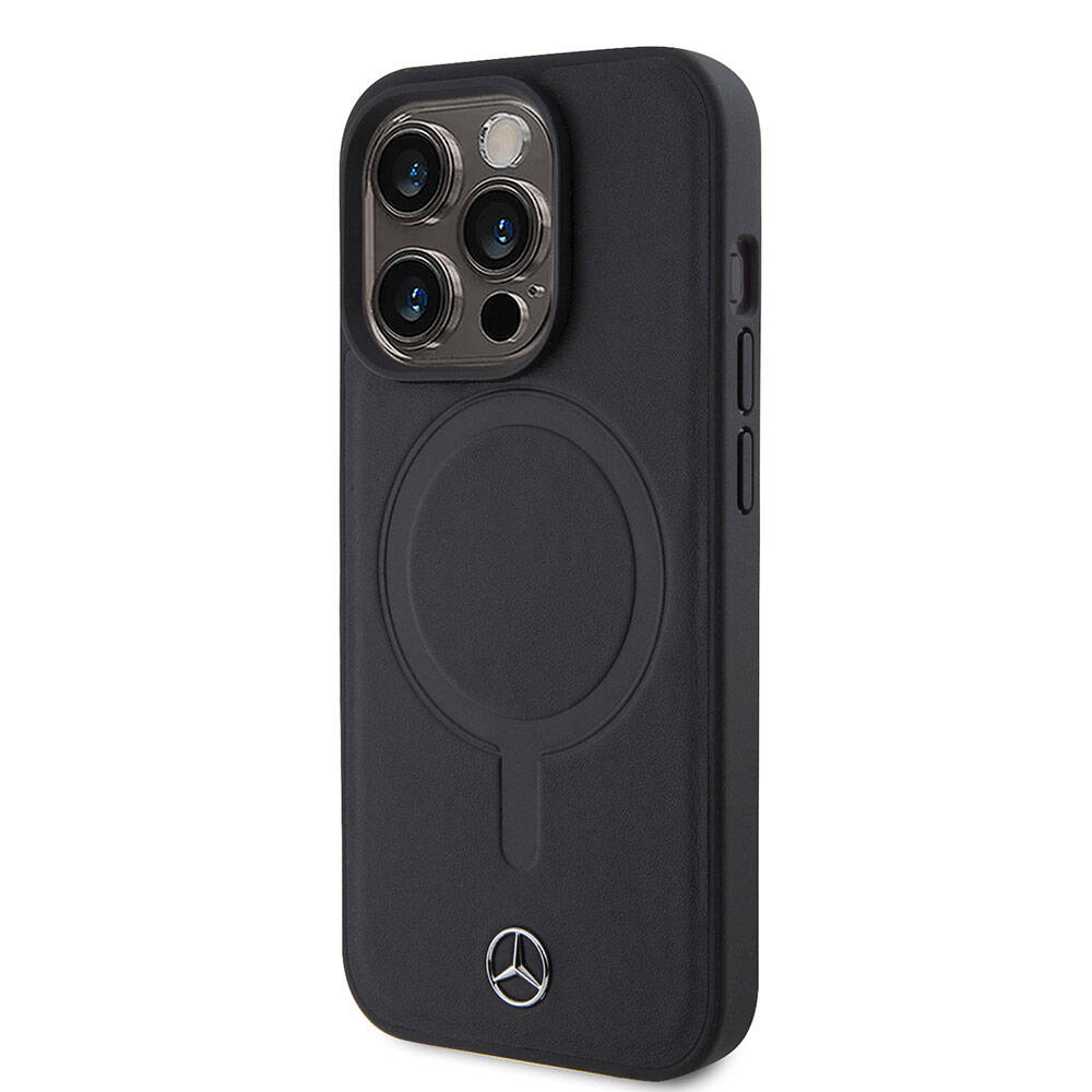 Apple iPhone 15 Pro Kılıf Mercedes Benz M-safe Şarj Özellikli Yumuşak Deri Orjinal Lisanslı Kapak Siyah