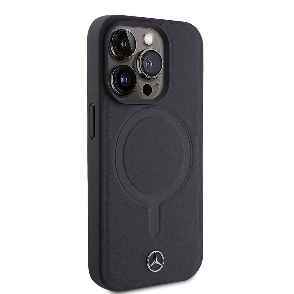 Apple iPhone 15 Pro Kılıf Mercedes Benz M-safe Şarj Özellikli Yumuşak Deri Orjinal Lisanslı Kapak Siyah