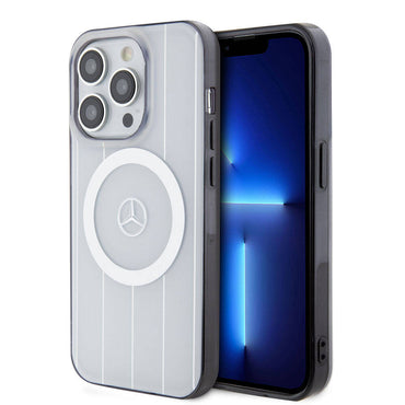 Apple iPhone 15 Pro Kılıf Mercedes Benz Orjinal Lisanslı M-safe Şarj Özellikli Çift Katmanlı Paralel Çizgi Desenli Kapak Beyaz