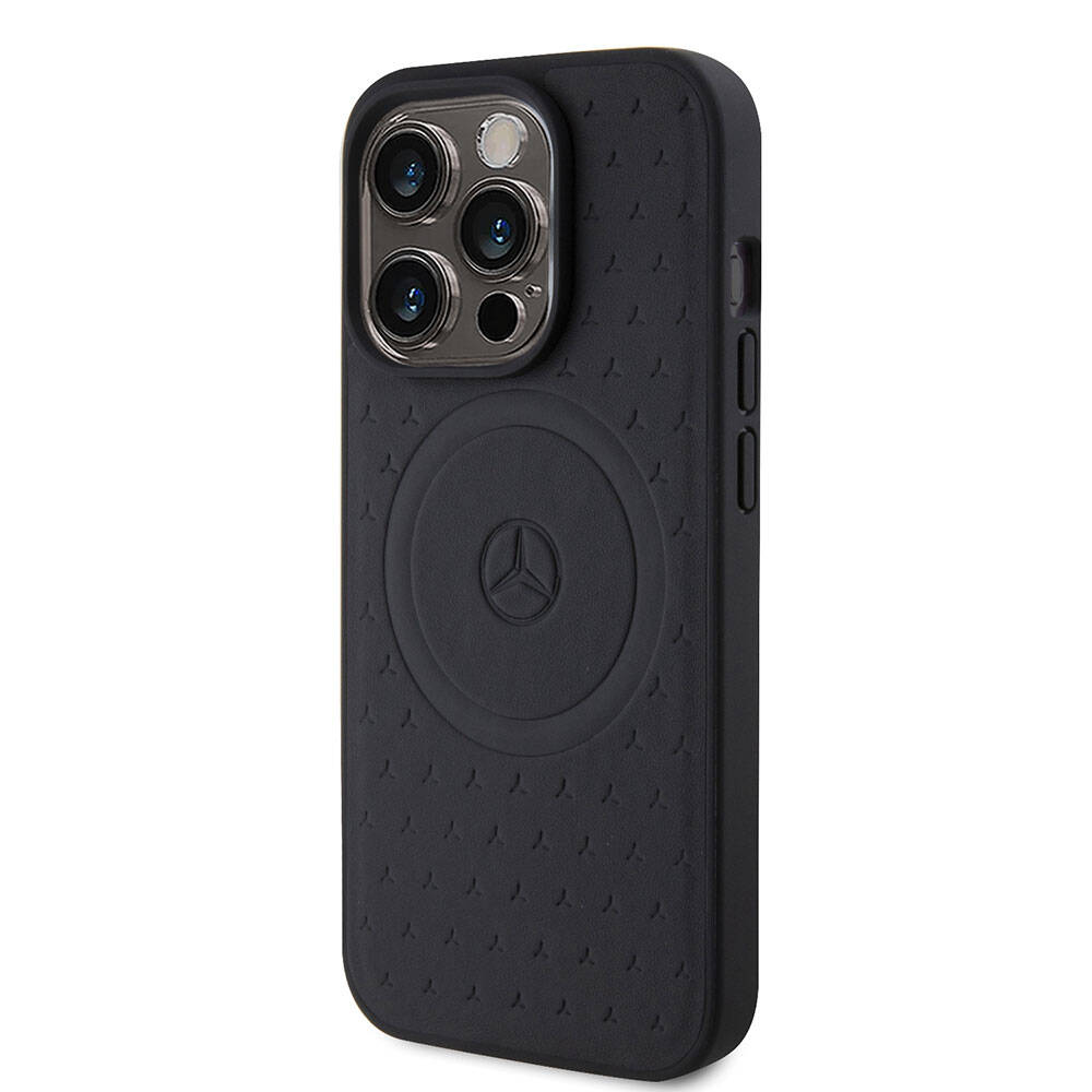 Apple iPhone 15 Pro Case Mercedes Benz Original Licensed M-Safe Charging Feature Sealed Star Patterned and Logo Leather Cover Navy Blue