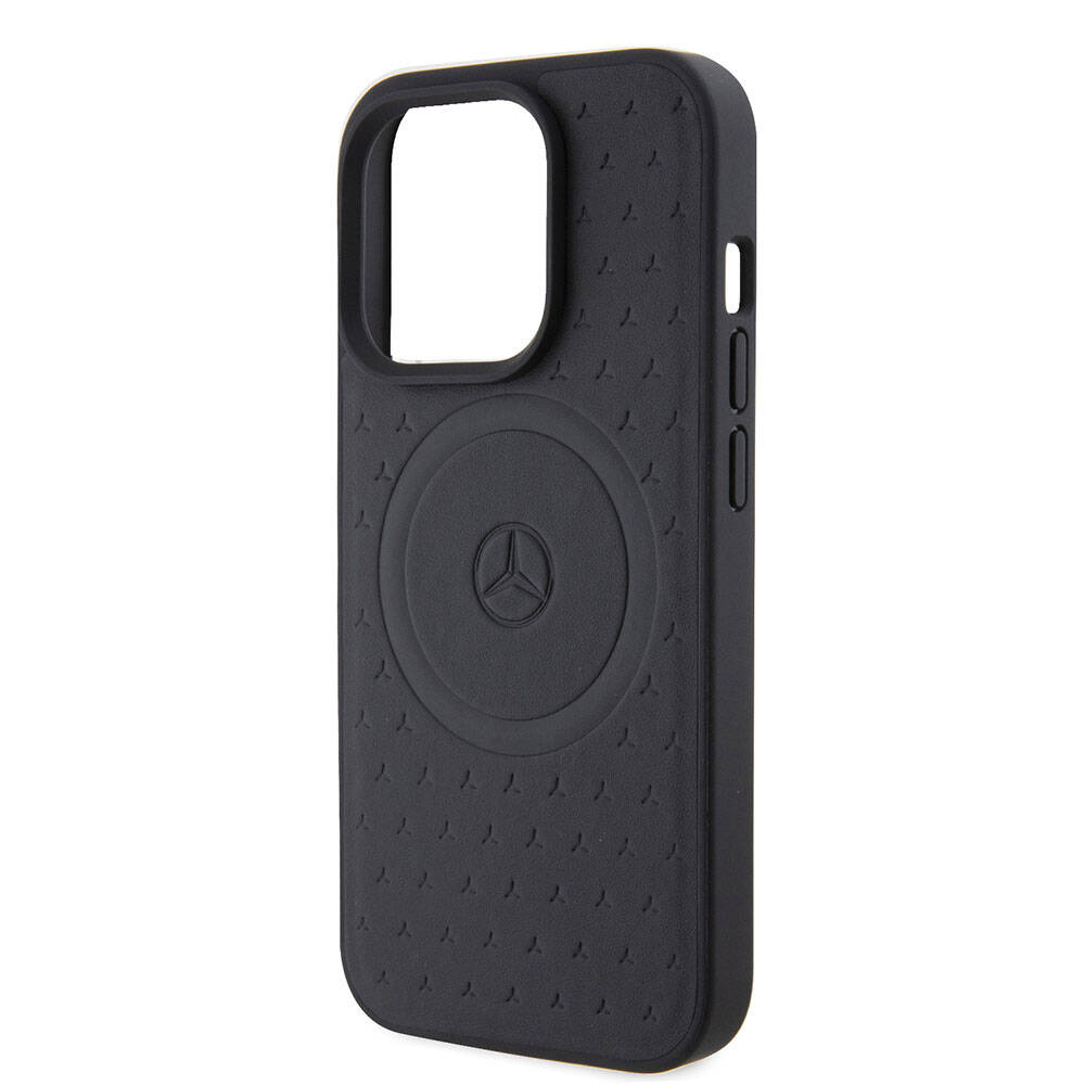 Apple iPhone 15 Pro Case Mercedes Benz Original Licensed M-Safe Charging Feature Sealed Star Patterned and Logo Leather Cover Navy Blue