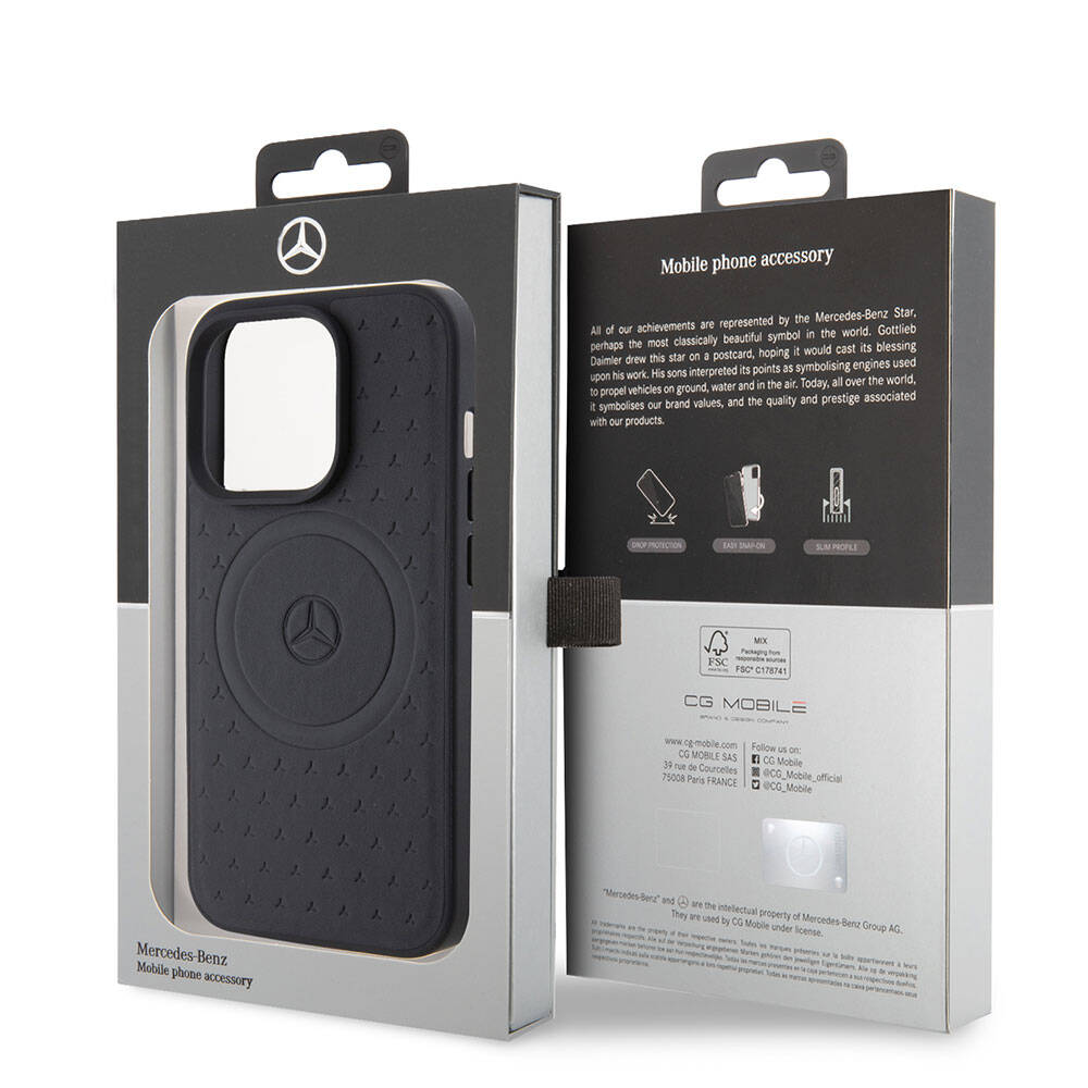 Apple iPhone 15 Pro Case Mercedes Benz Original Licensed M-Safe Charging Feature Sealed Star Patterned and Logo Leather Cover Black