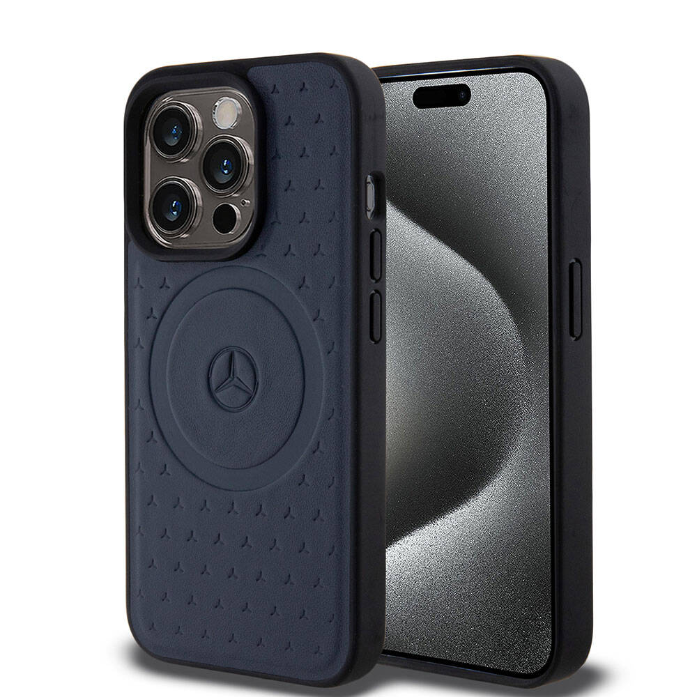 Apple iPhone 15 Pro Case Mercedes Benz Original Licensed M-Safe Charging Feature Sealed Star Patterned and Logo Leather Cover Navy Blue