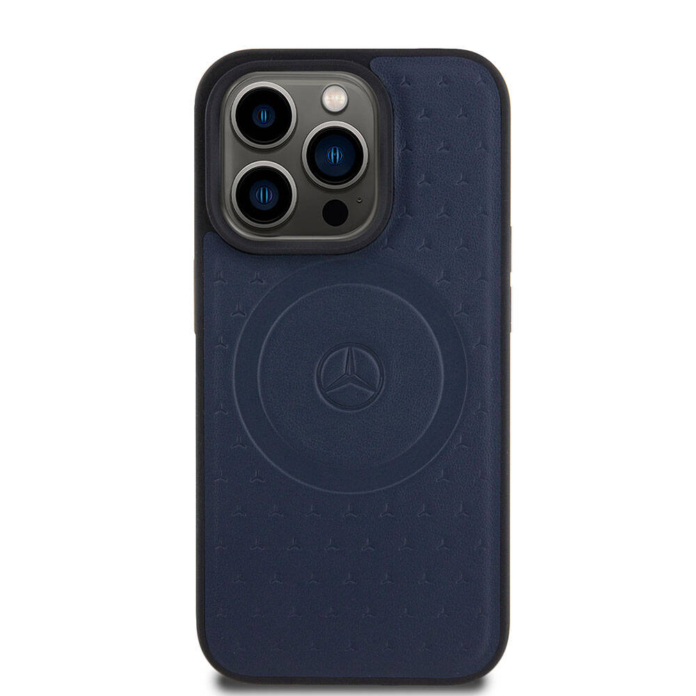 Apple iPhone 15 Pro Case Mercedes Benz Original Licensed M-Safe Charging Feature Sealed Star Patterned and Logo Leather Cover Navy Blue