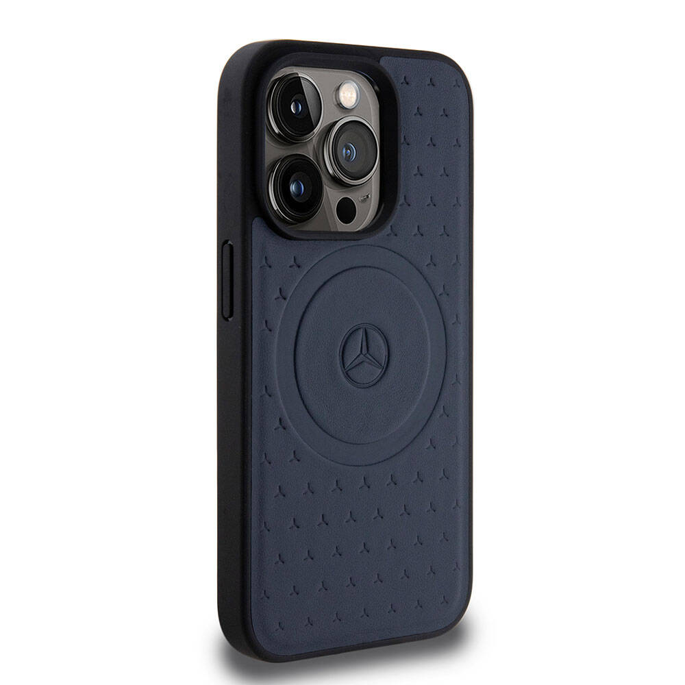 Apple iPhone 15 Pro Case Mercedes Benz Original Licensed M-Safe Charging Feature Sealed Star Patterned and Logo Leather Cover Navy Blue