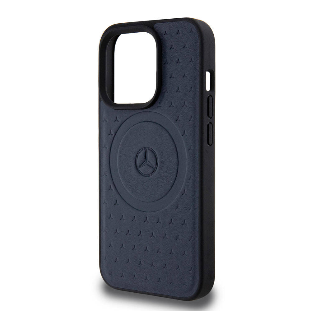 Apple iPhone 15 Pro Case Mercedes Benz Original Licensed M-Safe Charging Feature Sealed Star Patterned and Logo Leather Cover Navy Blue
