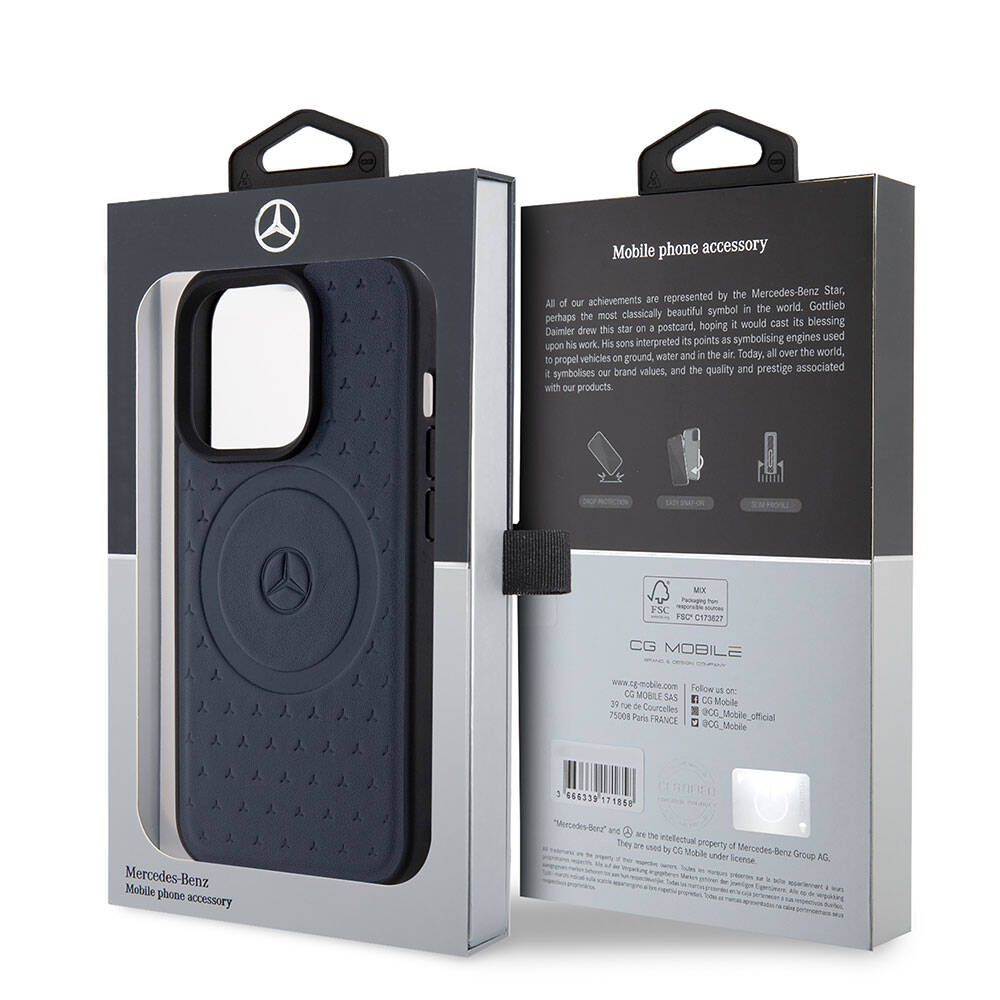 Apple iPhone 15 Pro Case Mercedes Benz Original Licensed M-Safe Charging Feature Sealed Star Patterned and Logo Leather Cover Navy Blue
