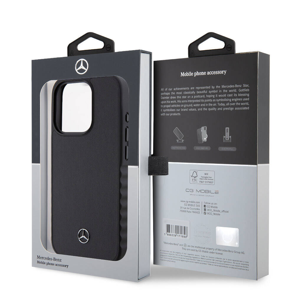 Apple iPhone 15 Pro Case Mercedes Benz Original Licensed Serrated Edge Design Metal Star Logo Smooth Genuine Leather Cover Black