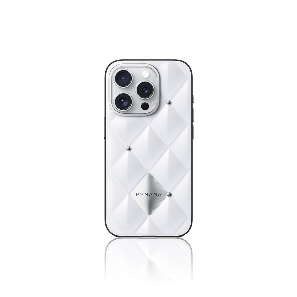 Apple iPhone 15 Pro Case Shiny Back Surface Embossed Quilted Pynana Metal Diamond Series Cover White