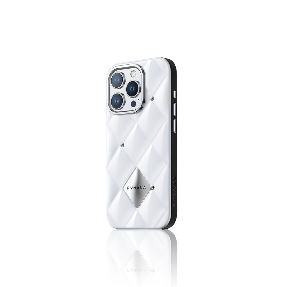 Apple iPhone 15 Pro Case Shiny Back Surface Embossed Quilted Pynana Metal Diamond Series Cover White