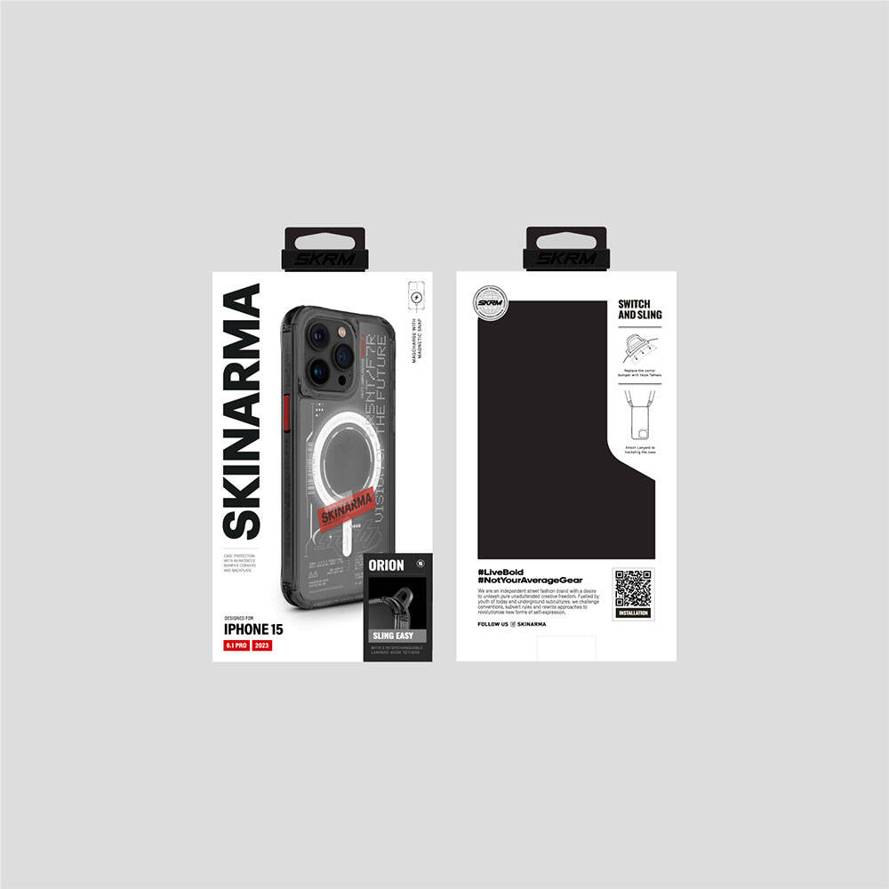 Apple iPhone 15 Pro Case SkinArma M-safe Charging Feature Text Patterned Airbag Design Orion Cover Black