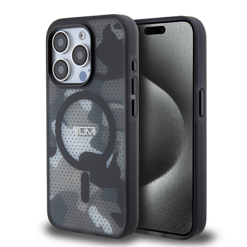 Apple iPhone 15 Pro Case TUMI Original Licensed M-safe Charging Feature Frosted Transparent Mesh Camouflage Patterned Cover Black