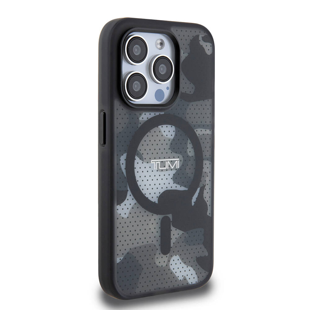 Apple iPhone 15 Pro Case TUMI Original Licensed M-safe Charging Feature Frosted Transparent Mesh Camouflage Patterned Cover Black