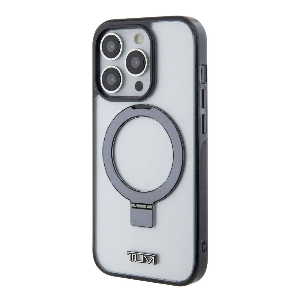 Apple iPhone 15 Pro Kılıf TUMI Orjinal Lisanslı M-safe Şarj Özellikli Metal Logolu Ring Standlı Silikon Kapak Beyaz