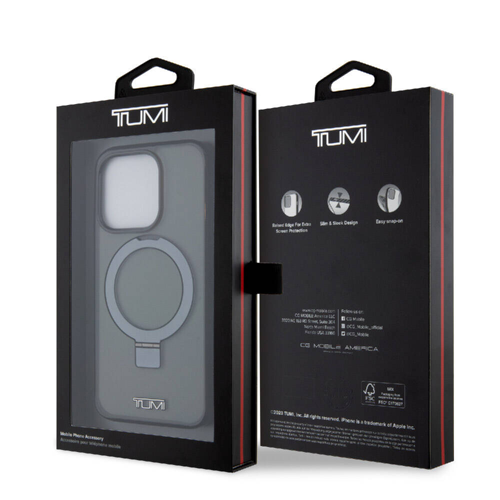 Apple iPhone 15 Pro Case TUMI Original Licensed M-safe Charging Feature PC TPU Metal Logo Ring Stand Cover Black