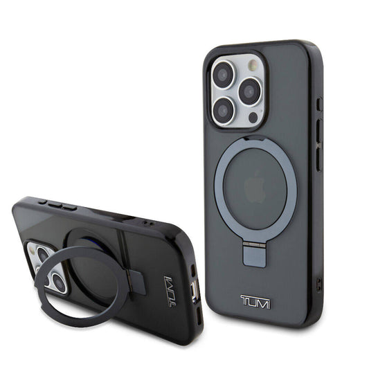 Apple iPhone 15 Pro Kılıf TUMI Orjinal Lisanslı M-safe Şarj Özellikli PC TPU Metal Logolu Ring Standlı Kapak Siyah