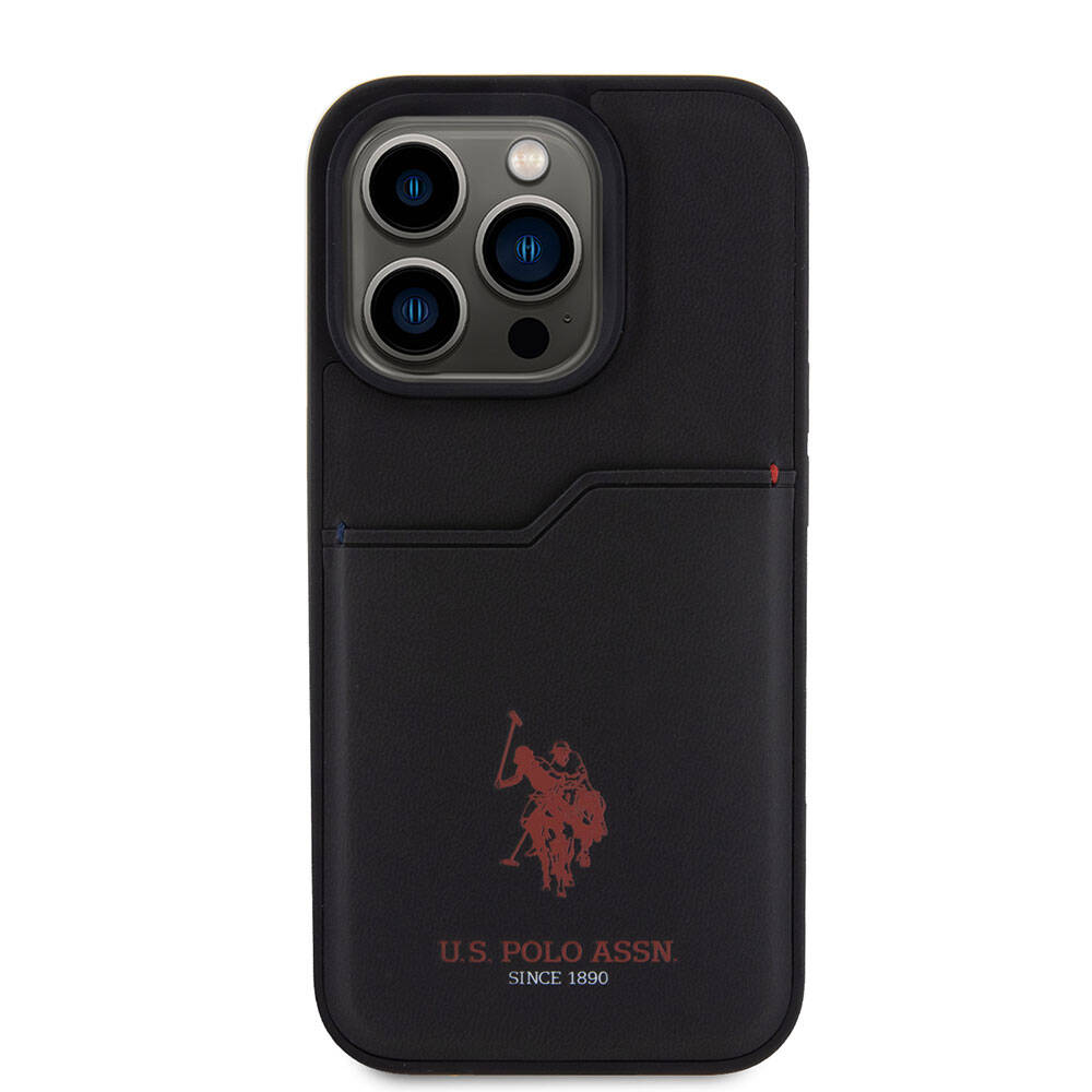 Apple iPhone 15 Pro Case US Polo Assn. Original Licensed Printed Logo PU Card Holder Cover Black