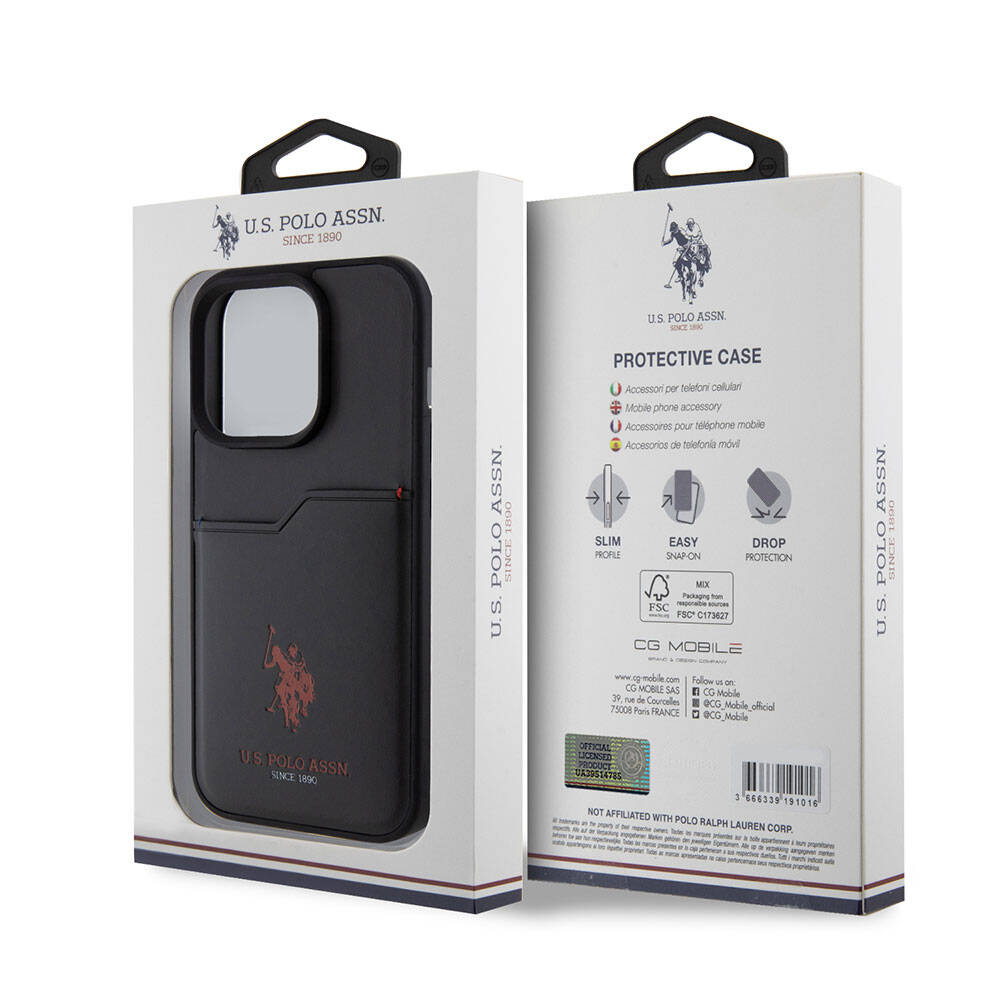 Apple iPhone 15 Pro Case US Polo Assn. Original Licensed Printed Logo PU Card Holder Cover Black