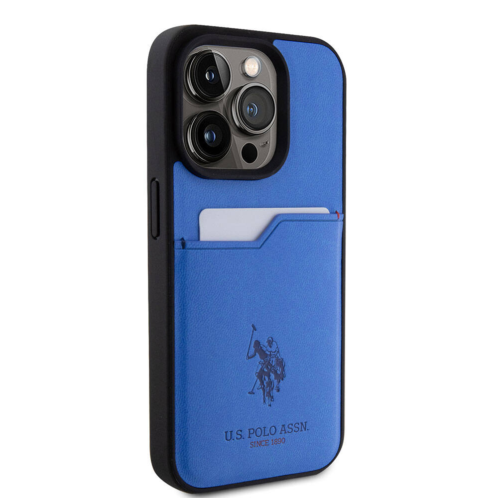 Apple iPhone 15 Pro Case US Polo Assn. Original Licensed Printed Logo PU Card Holder Cover Blue